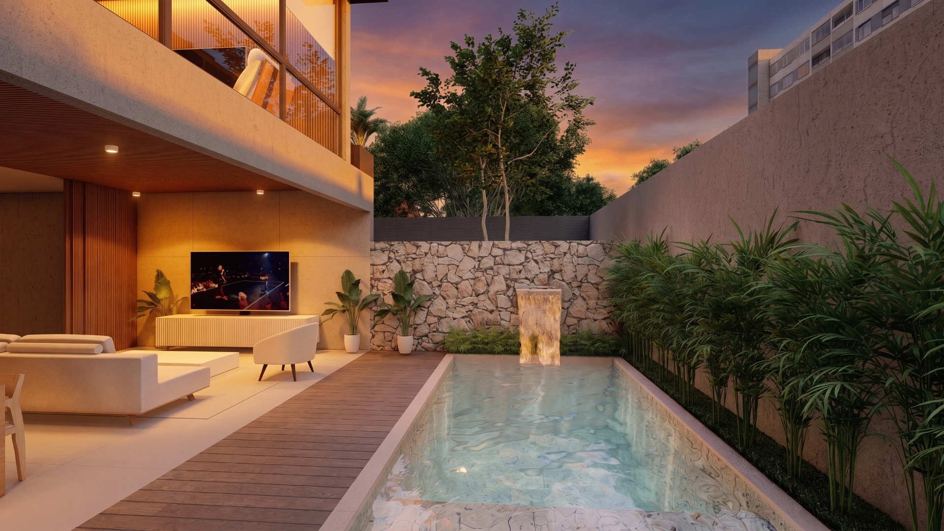 Piscina com parede de pedra