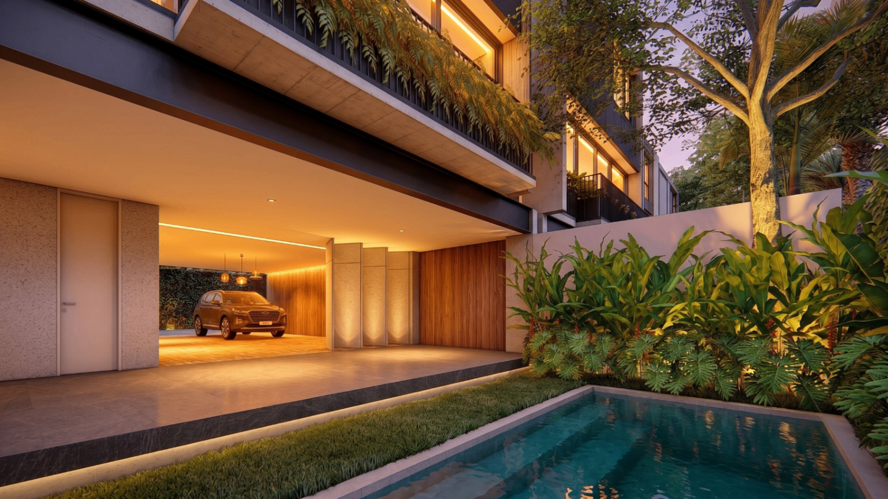 Garagem privativa integrada ao jardim